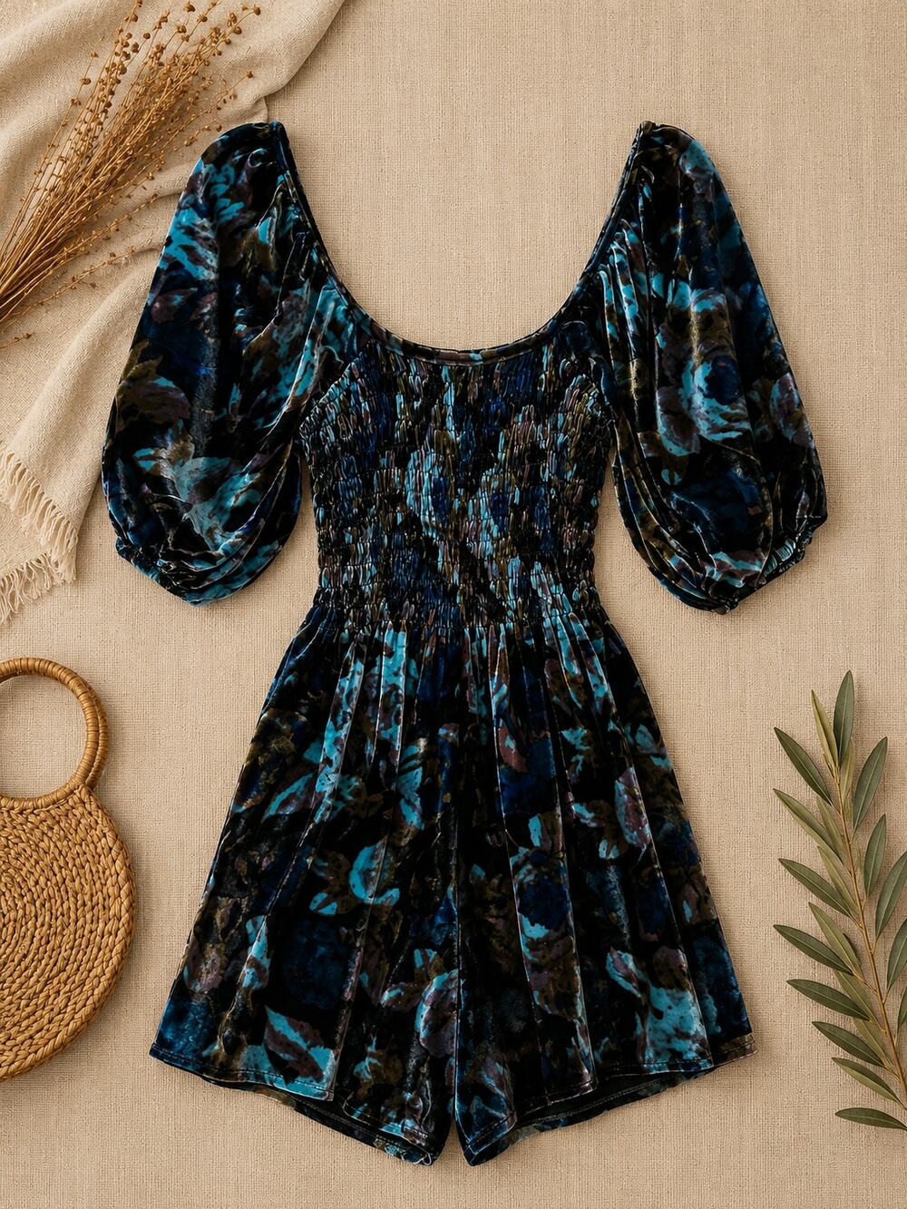 Urban Outfitters Women's Velvet Floral Smocked Romper Fairy Black Blue Size S